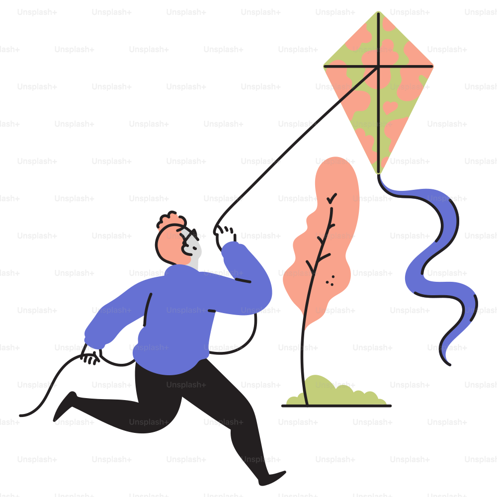 A man is running with a kite in the air