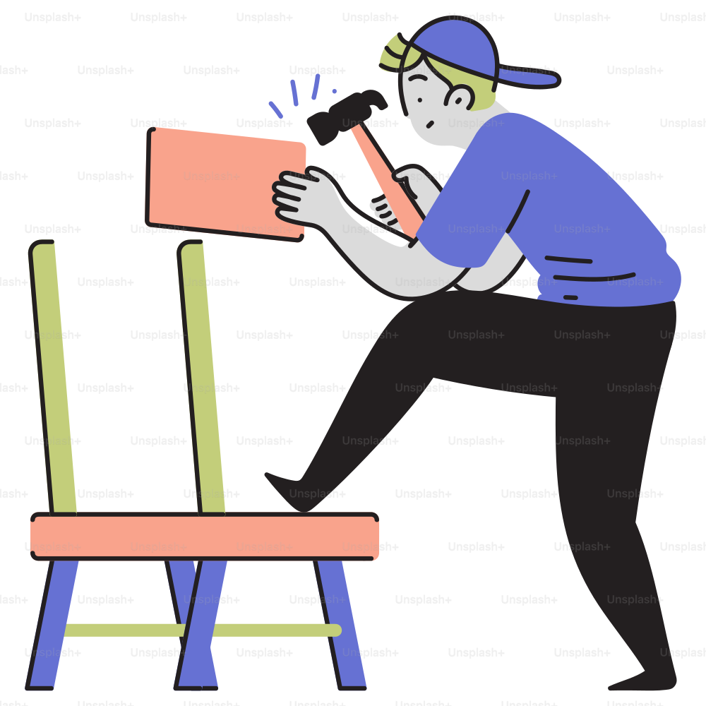 Un homme assis sur une chaise avec un marteau à la main