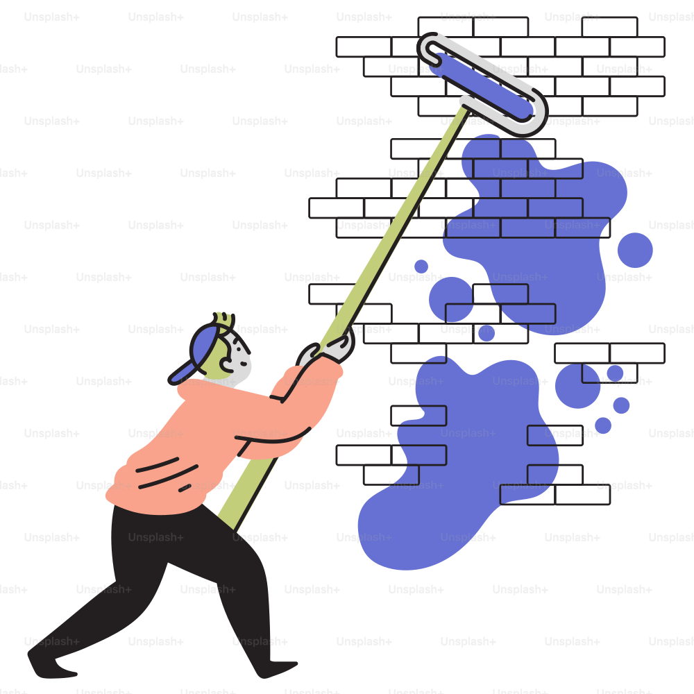 Un homme peint un mur de briques avec un rouleau