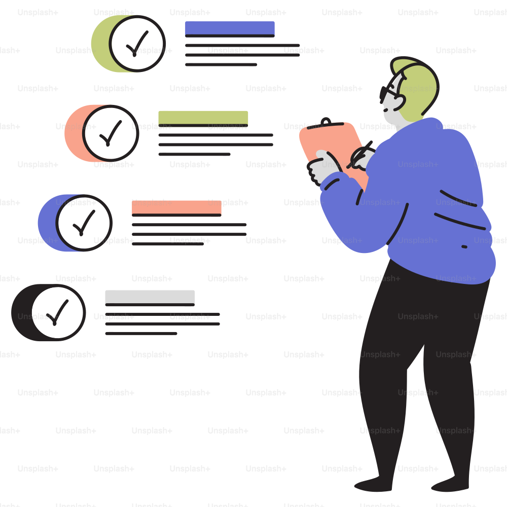 A man standing next to a wall with a check mark on it