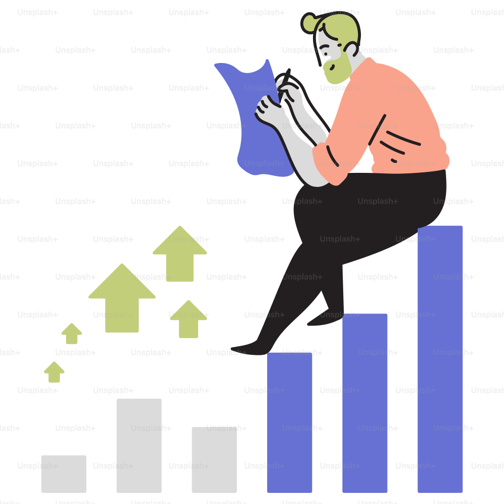 A woman sitting on a bar graph reading a book