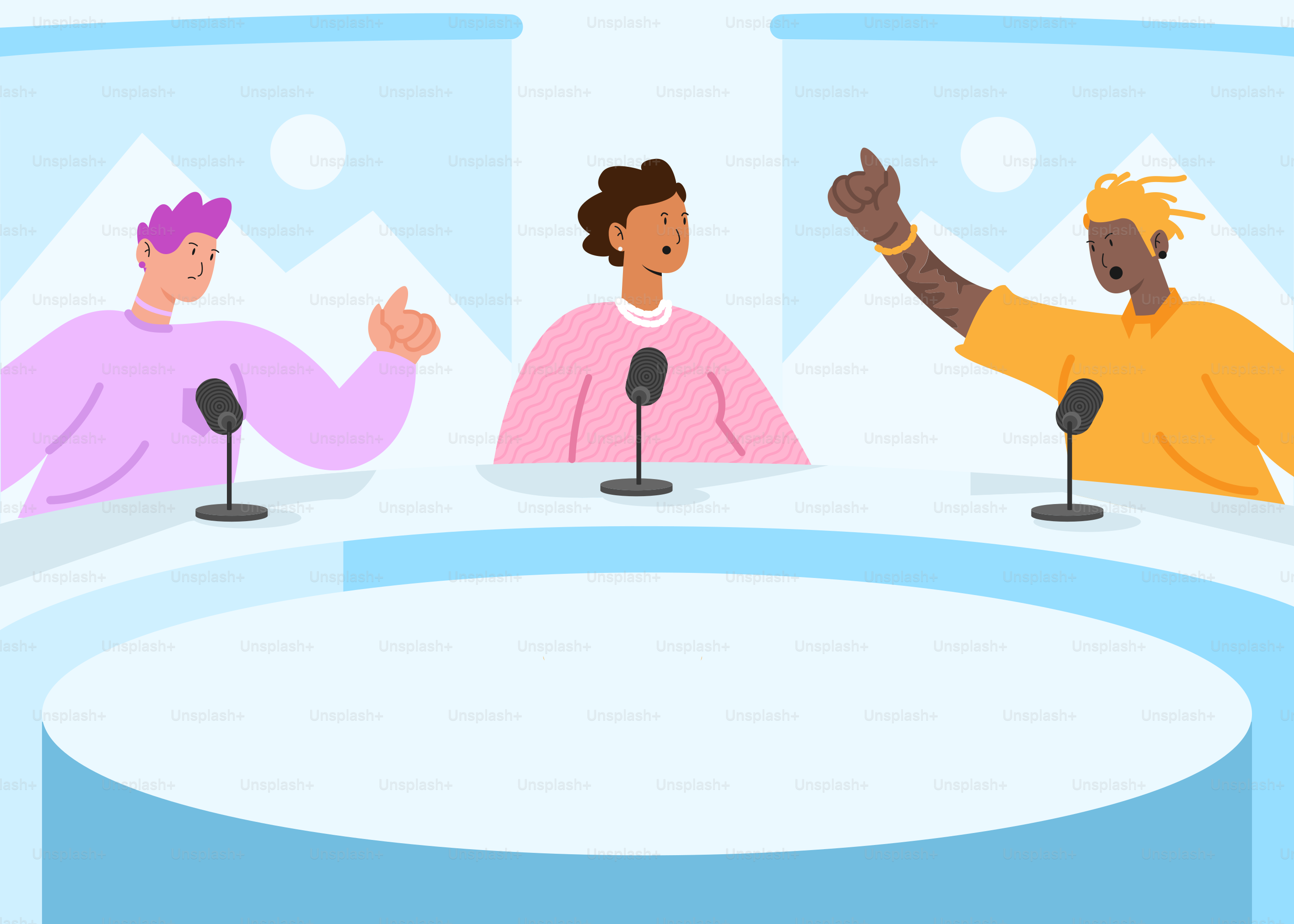 Eine Gruppe von Menschen sitzt an einem Tisch mit Mikrofonen