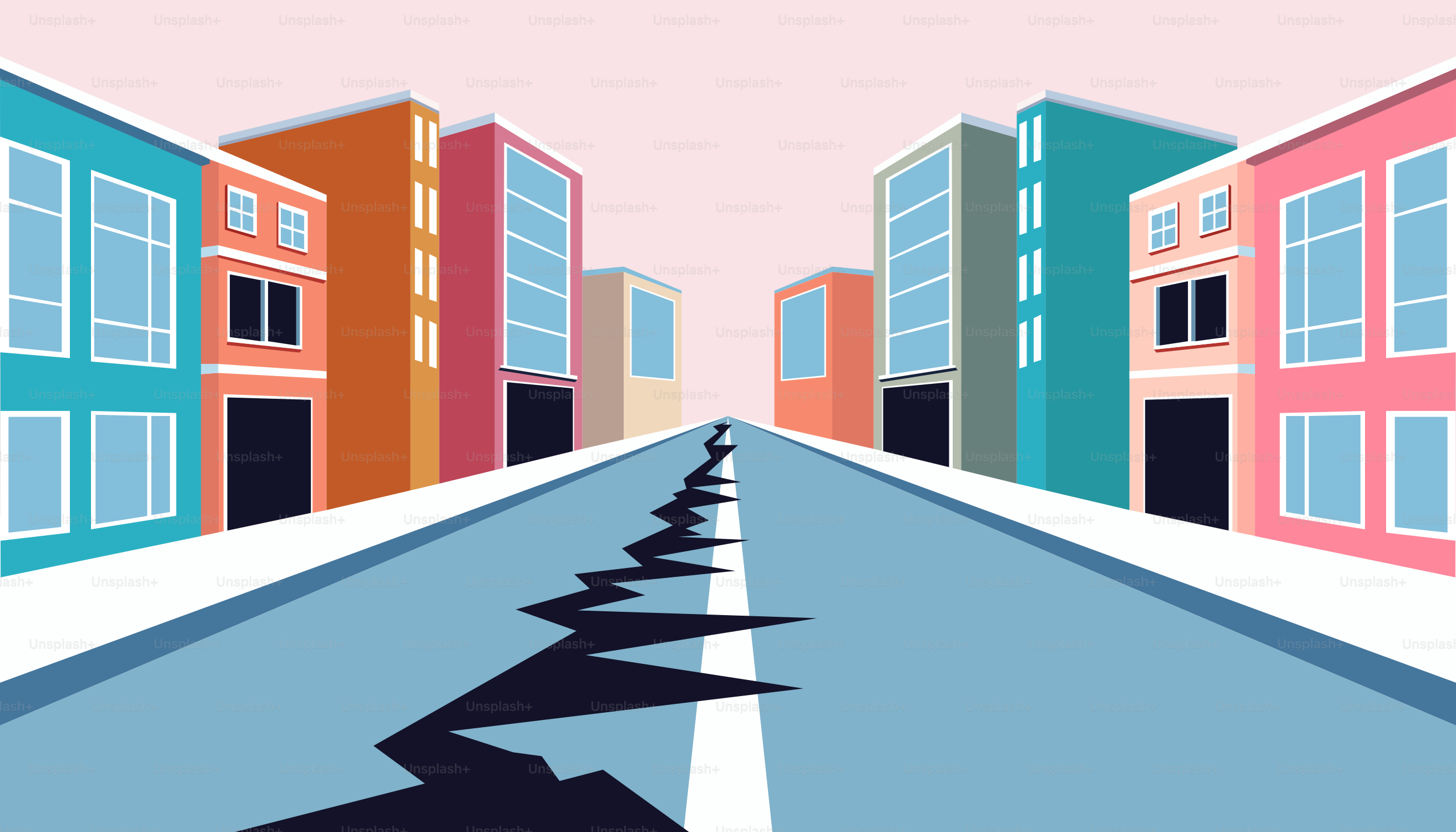 A drawing of a street with buildings on both sides