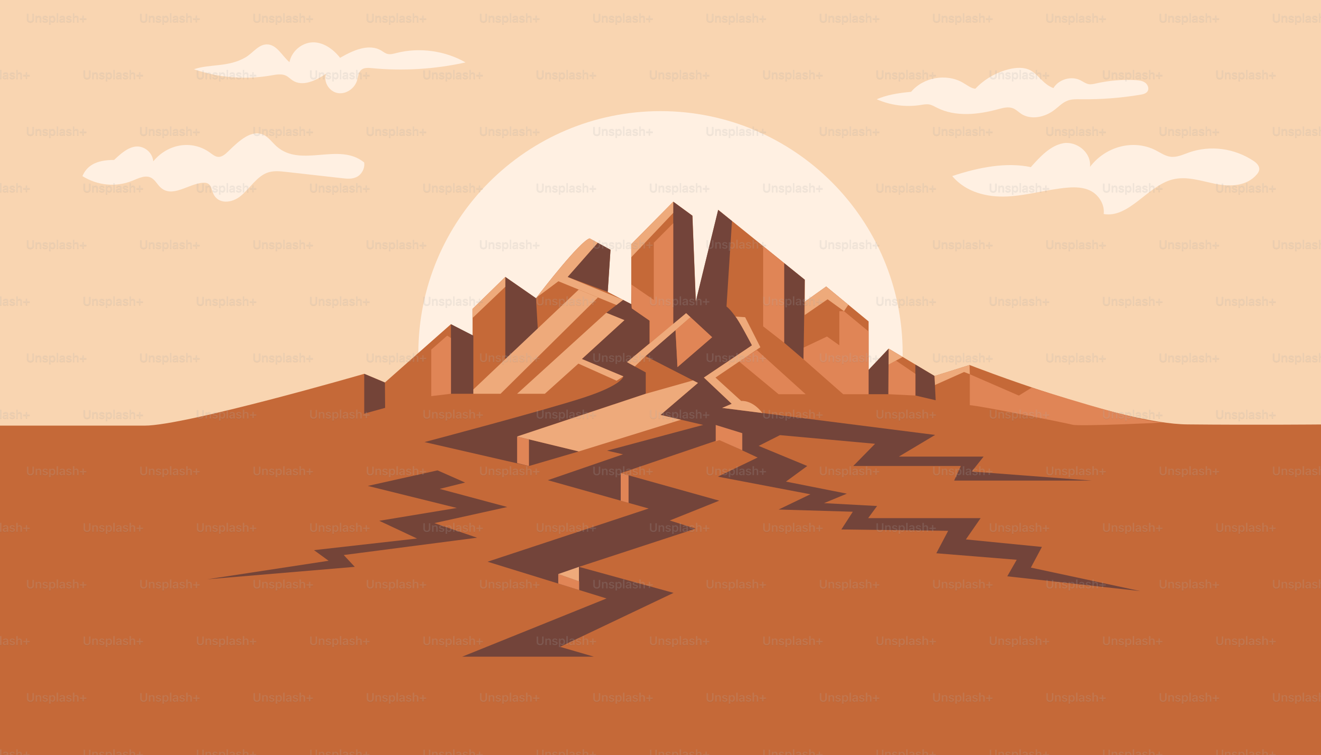 山と雲が背景に広がる砂漠の風景