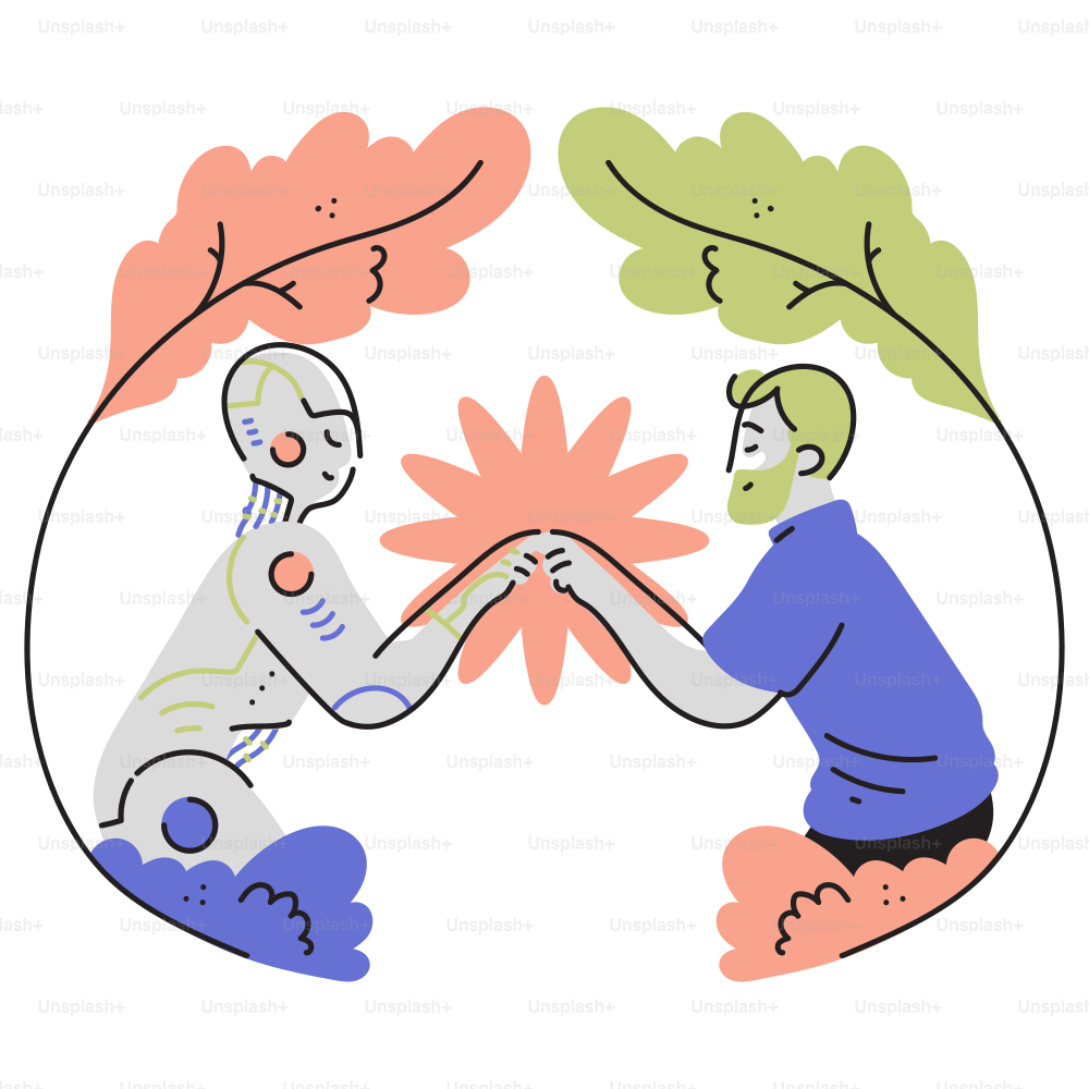 A robot and a man shaking hands with each other