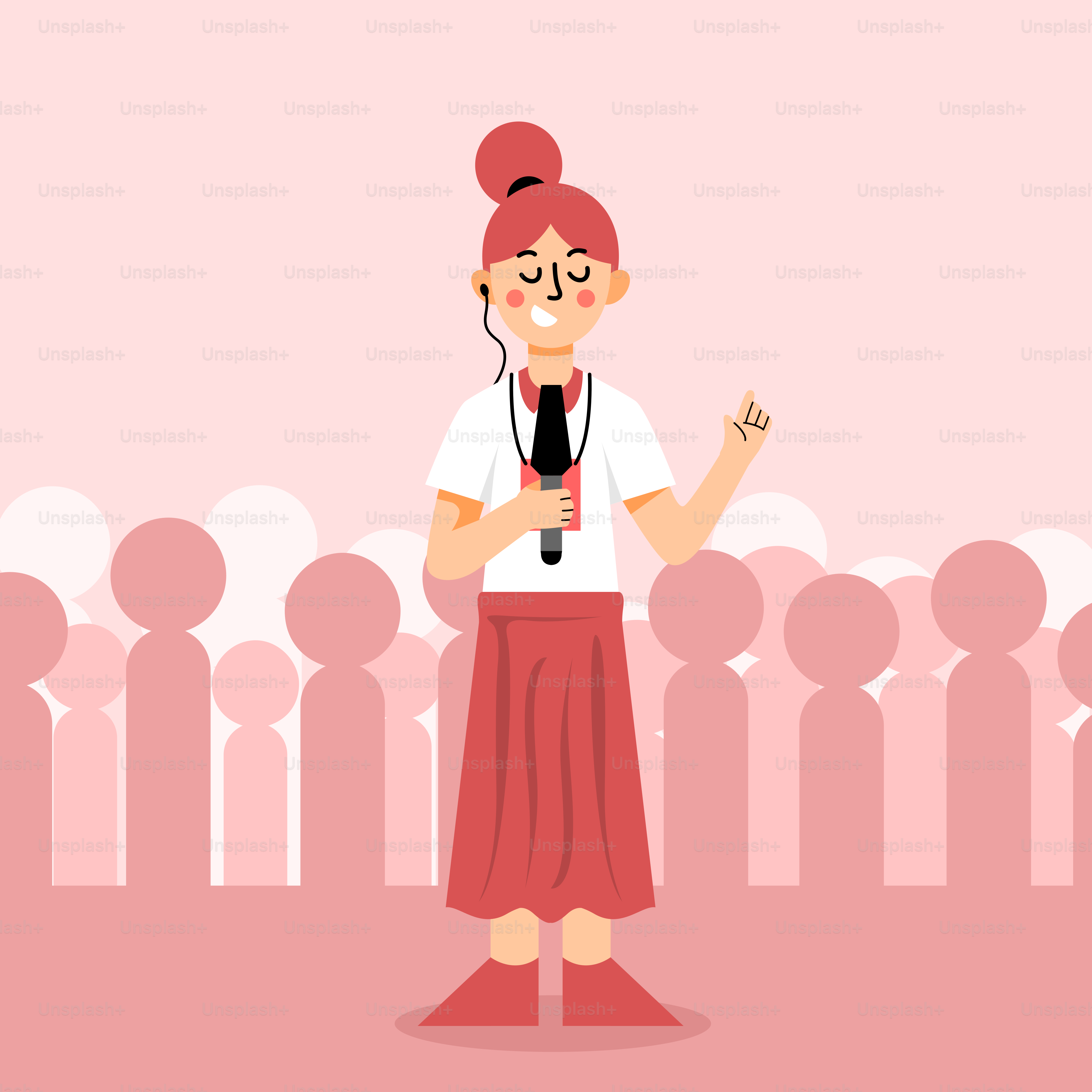 A woman with a microphone standing in front of a crowd of people