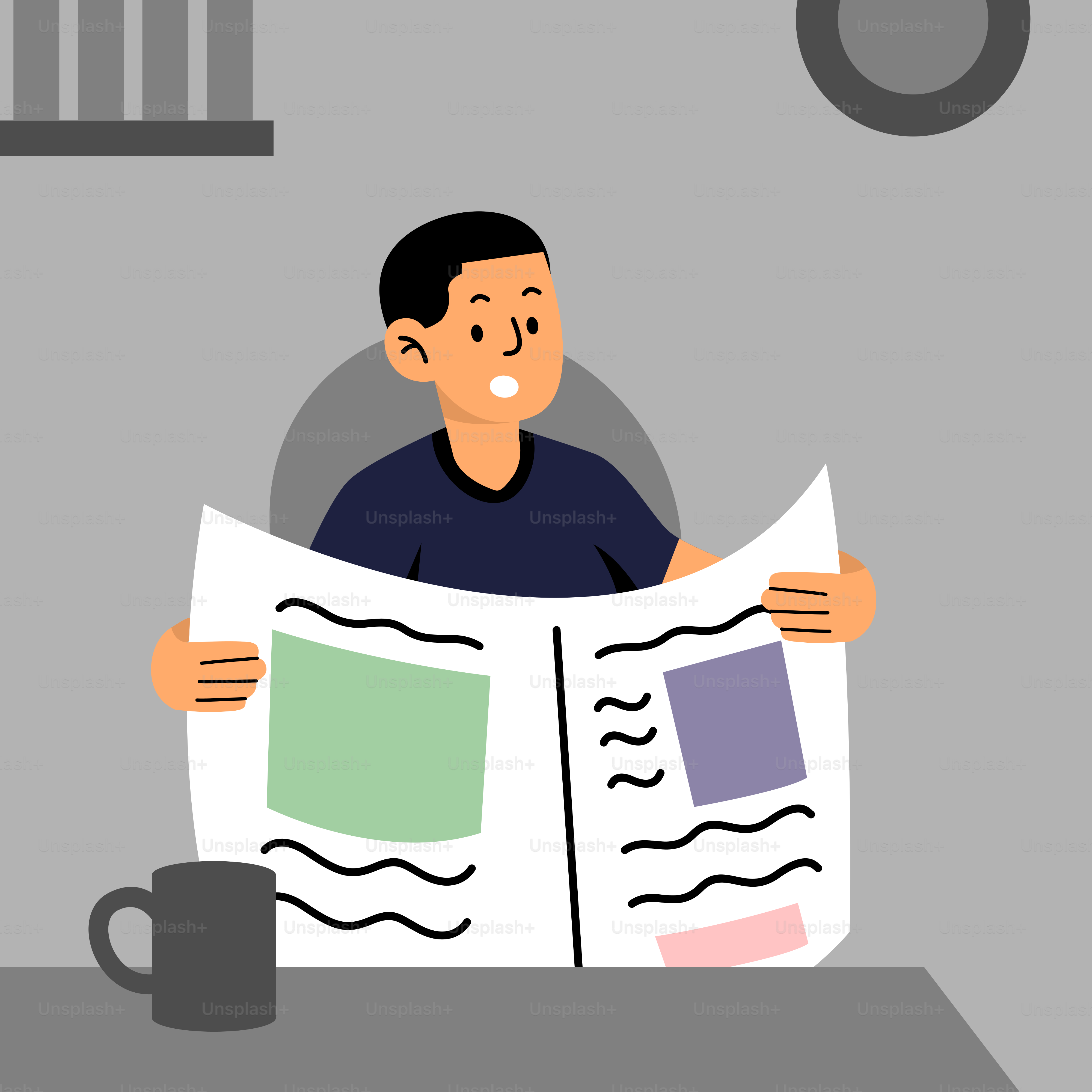 A man sitting at a desk reading a newspaper