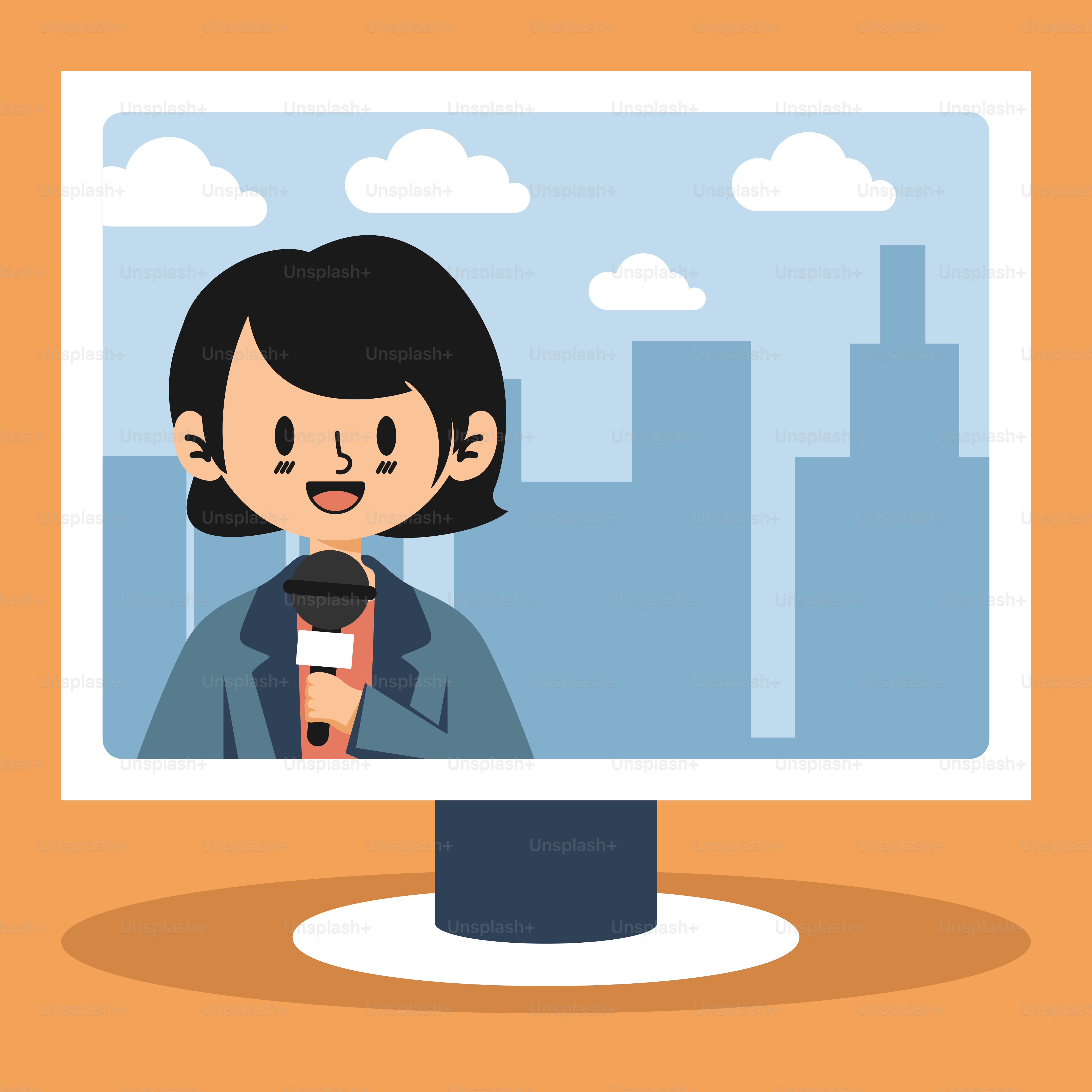 Eine Frau, die ein Mikrofon vor einem Flachbildfernseher hält