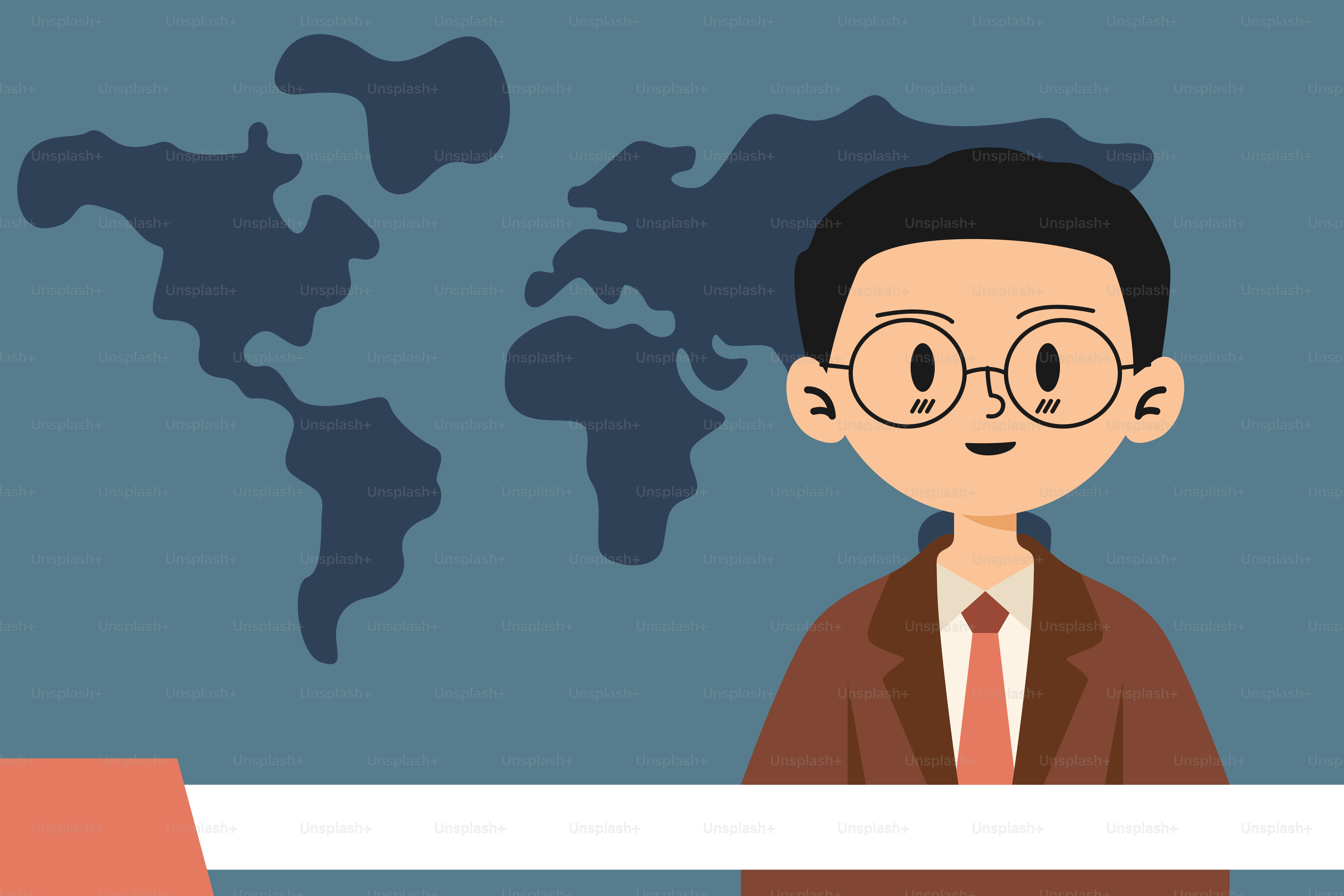 Ein Mann stand vor einem Schreibtisch mit einer Weltkarte hinter sich