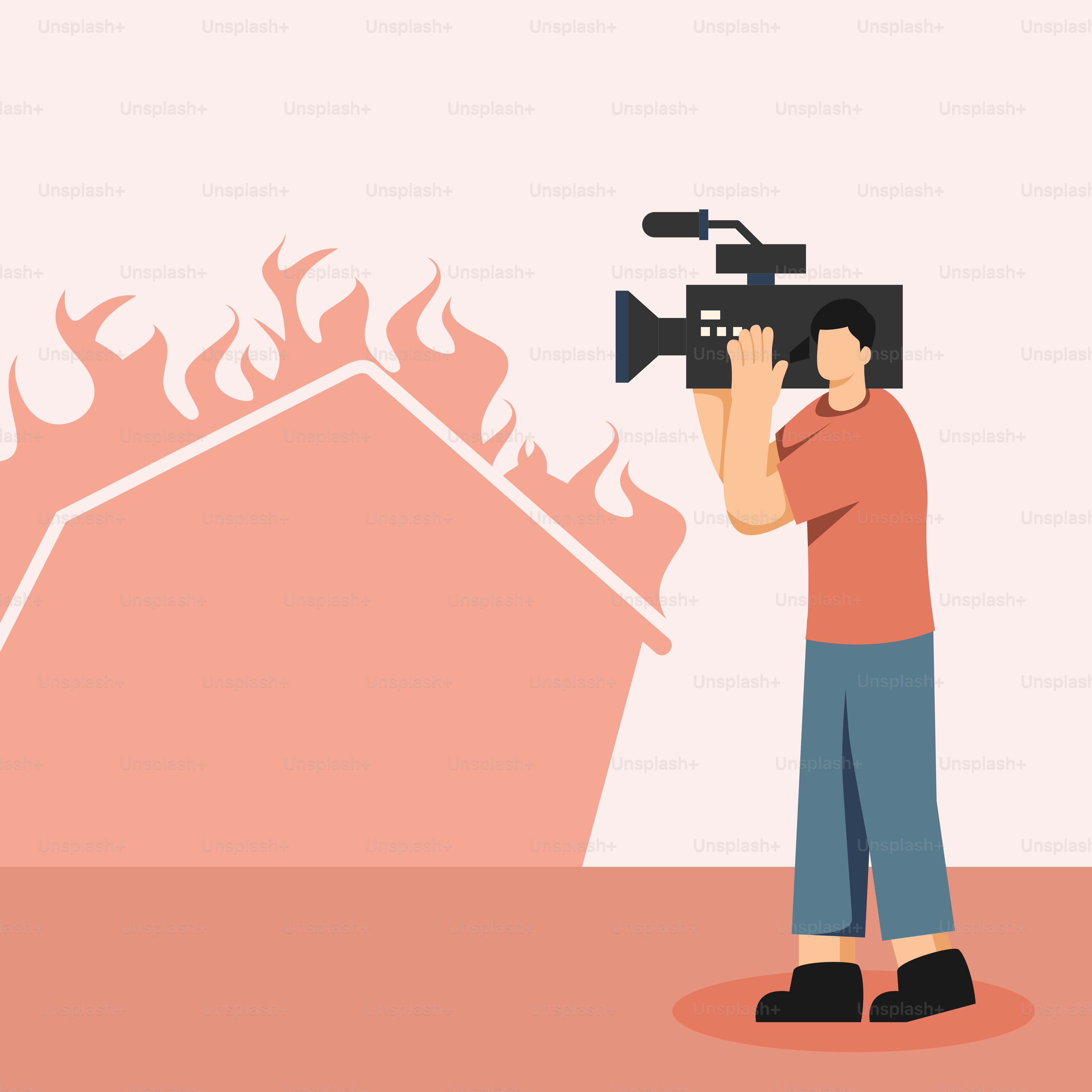 Ein Mann hält eine Videokamera vor einem Feuer