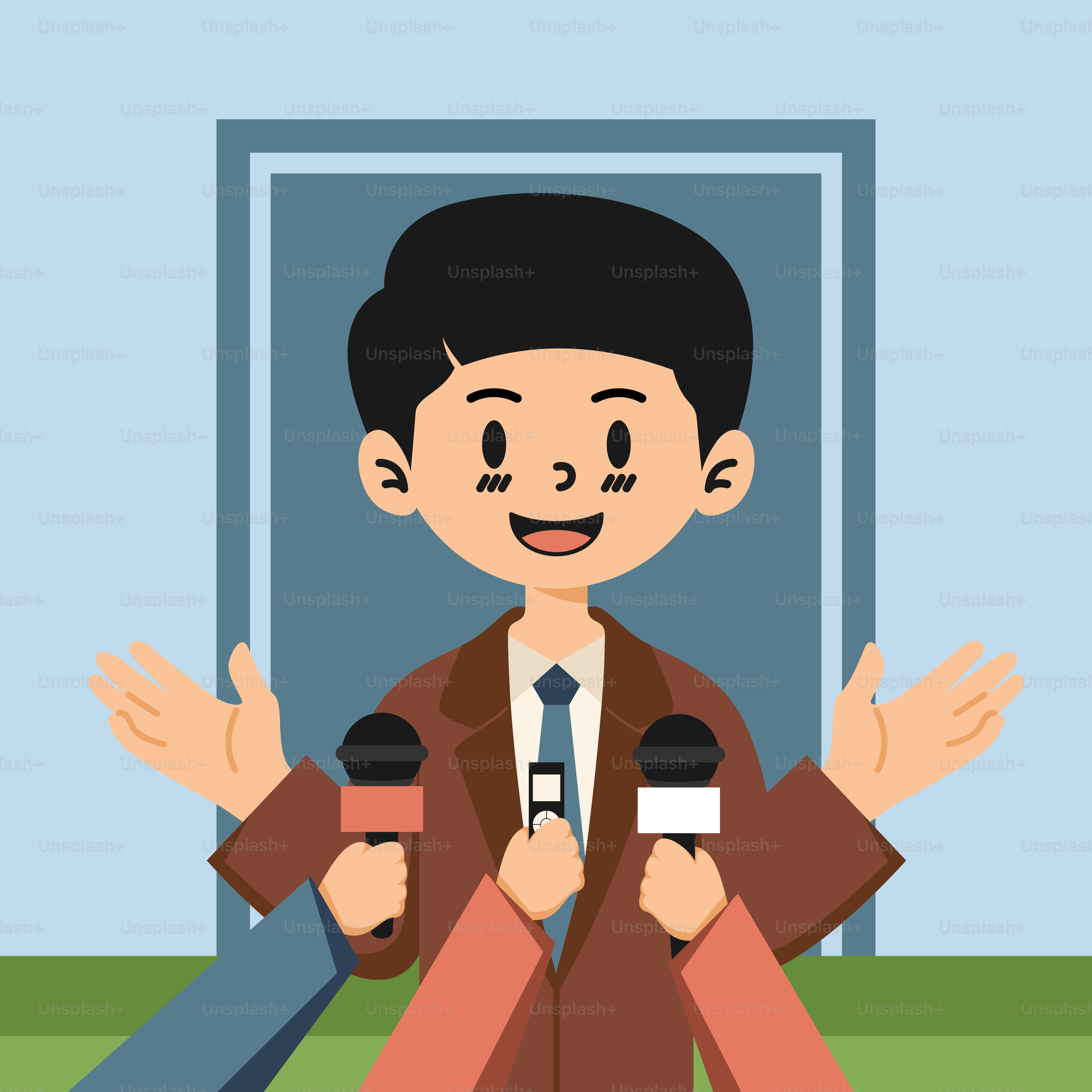 A man holding two microphones standing in front of a door