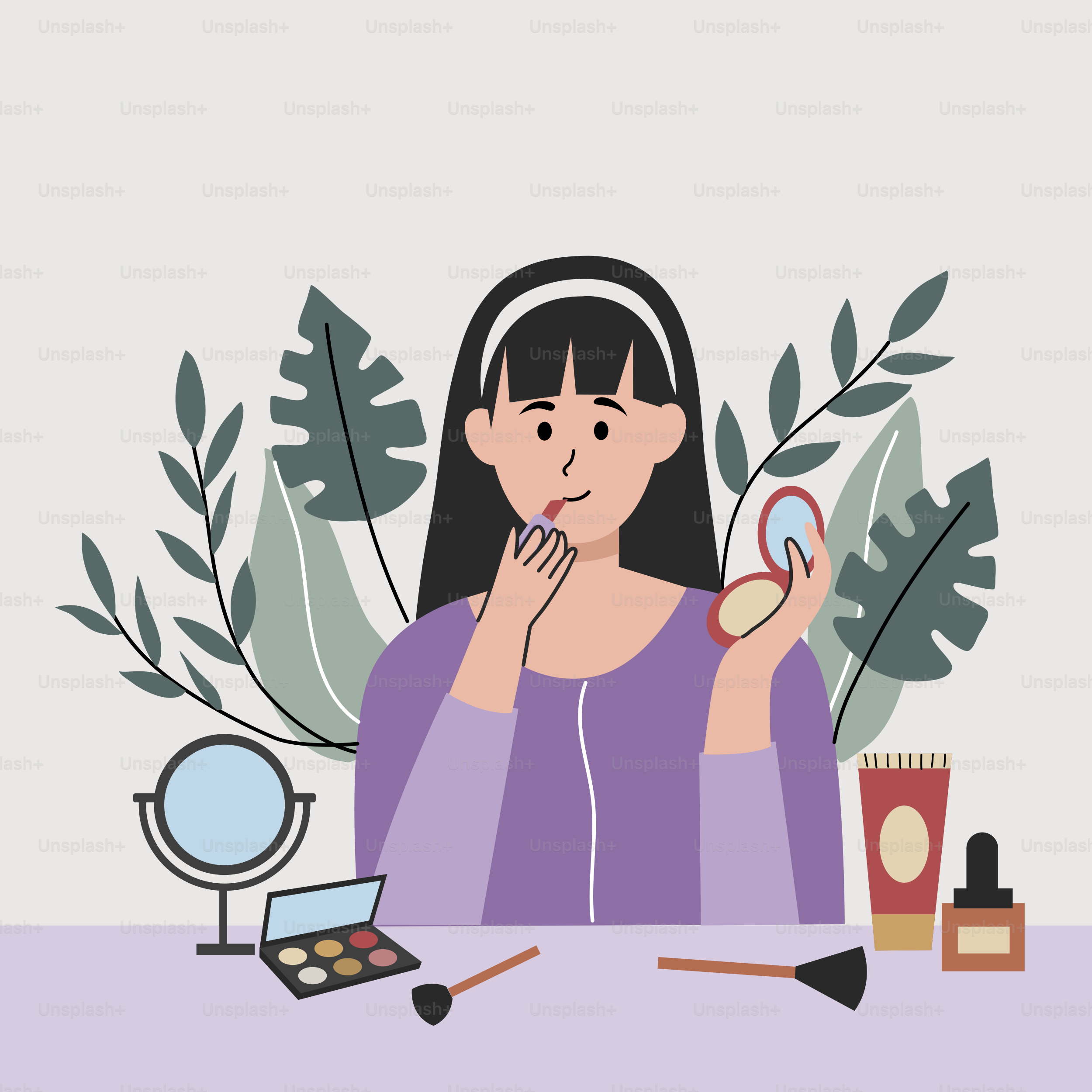 A woman sitting at a table holding a mirror