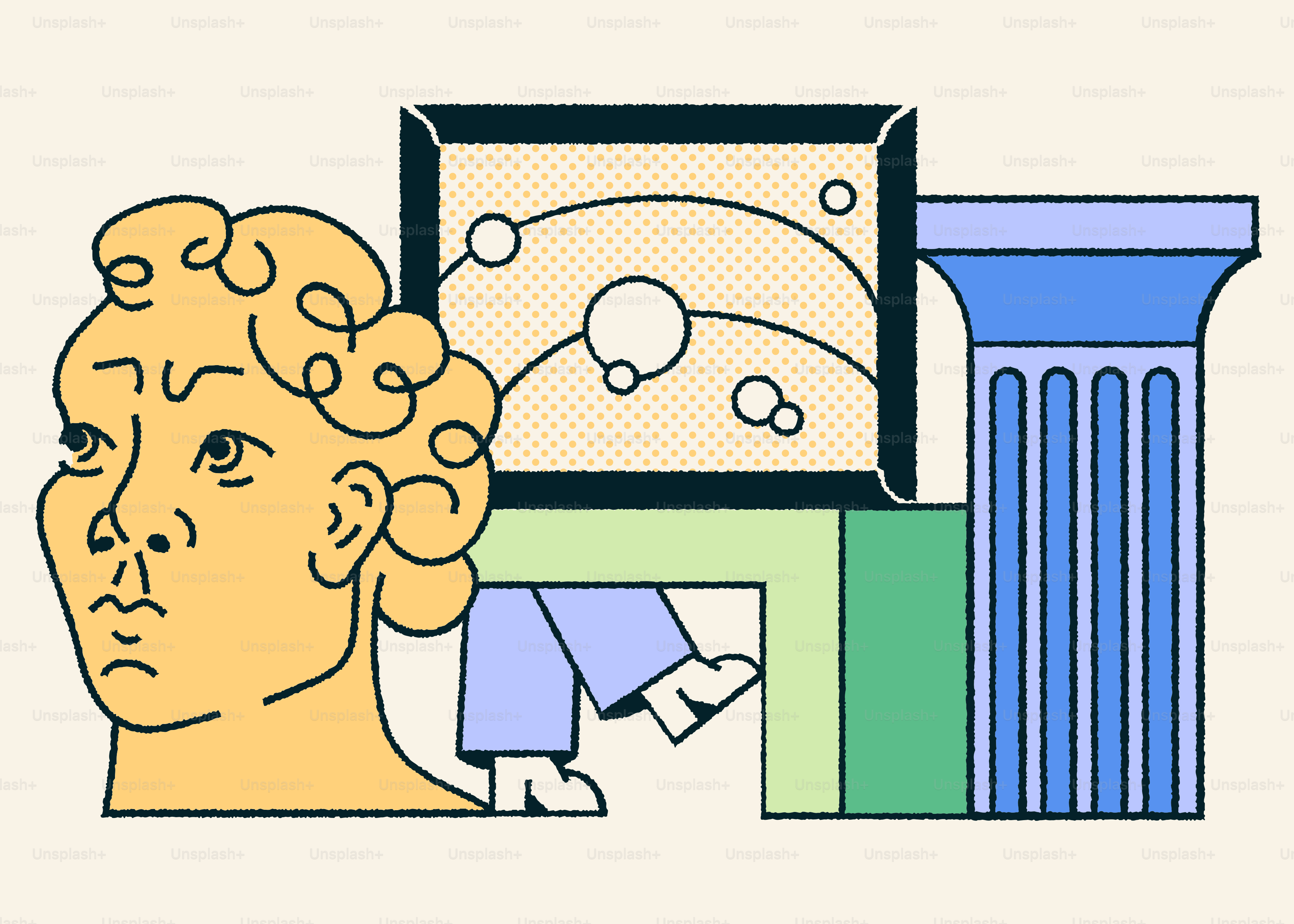 A drawing of a man's head next to a column