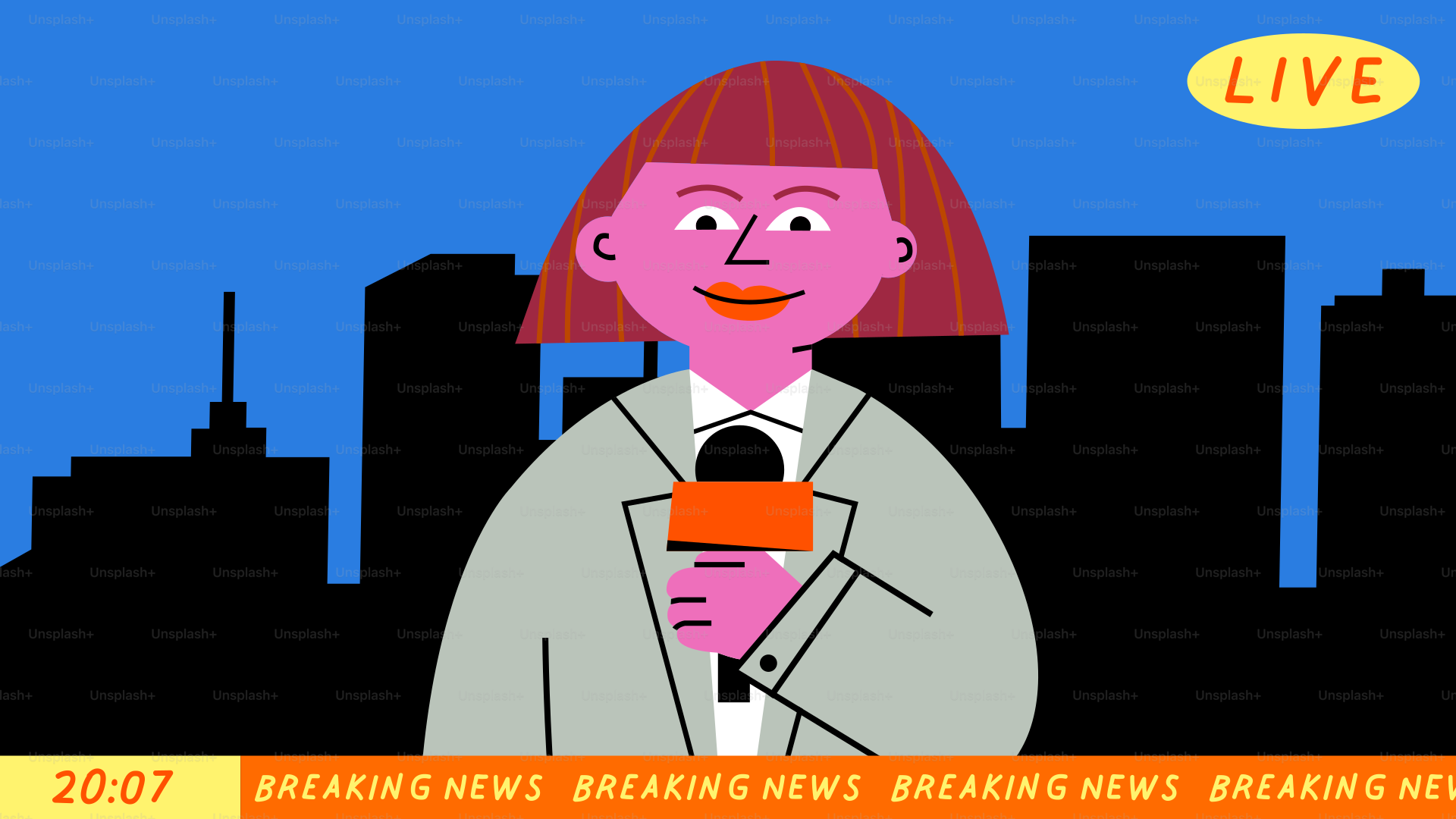 Eine Frau mit einem Mikrofon vor der Skyline einer Stadt