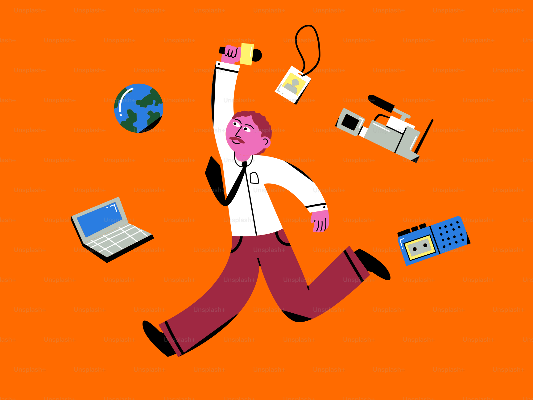 Ein Mann rennt mit vielen Gegenständen um sich herum herum herum