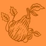 Eine Zeichnung eines Kalebasses mit Blättern auf orangem Hintergrund