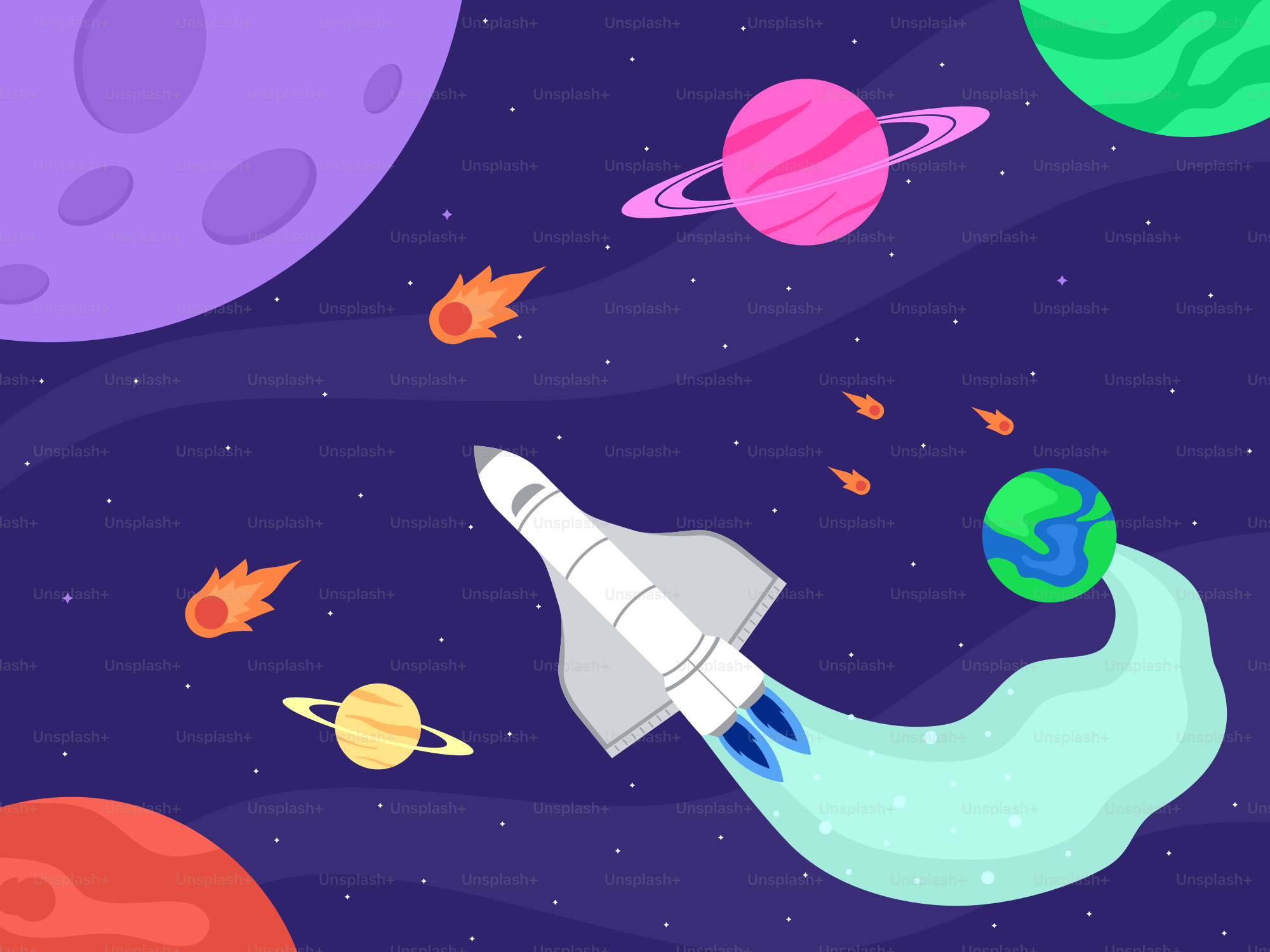 ロケットと惑星が登場する宇宙のシーン
