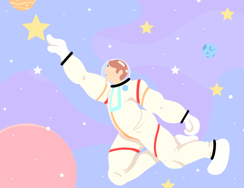 A man in a space suit is flying through the air