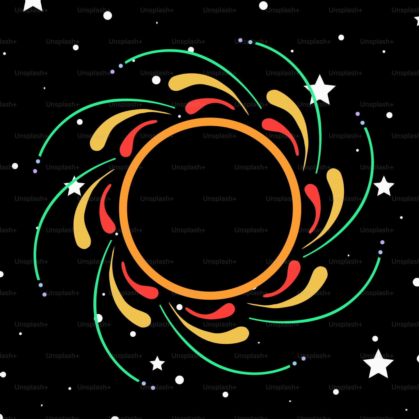 Uno sfondo nero con stelle e un cerchio colorato