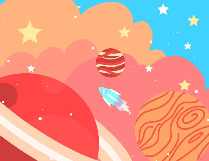An illustration of a red planet with stars and a rocket ship