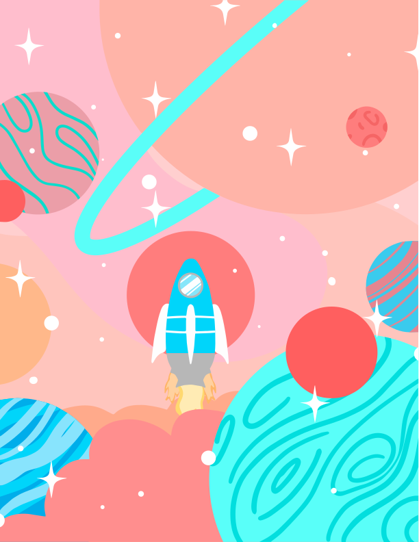 A painting of a person in space surrounded by planets