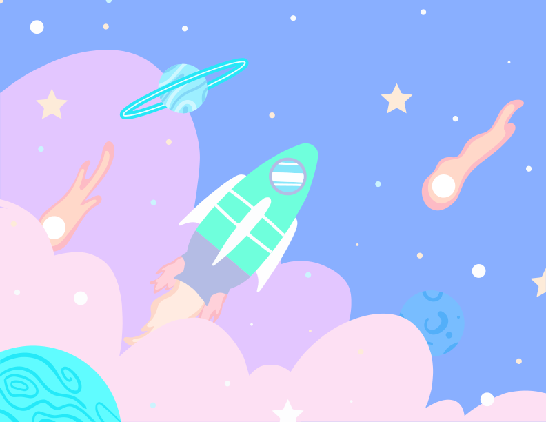 A cartoon of a rocket ship flying through the sky