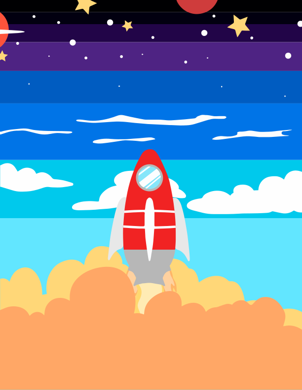 A red rocket is flying through the sky