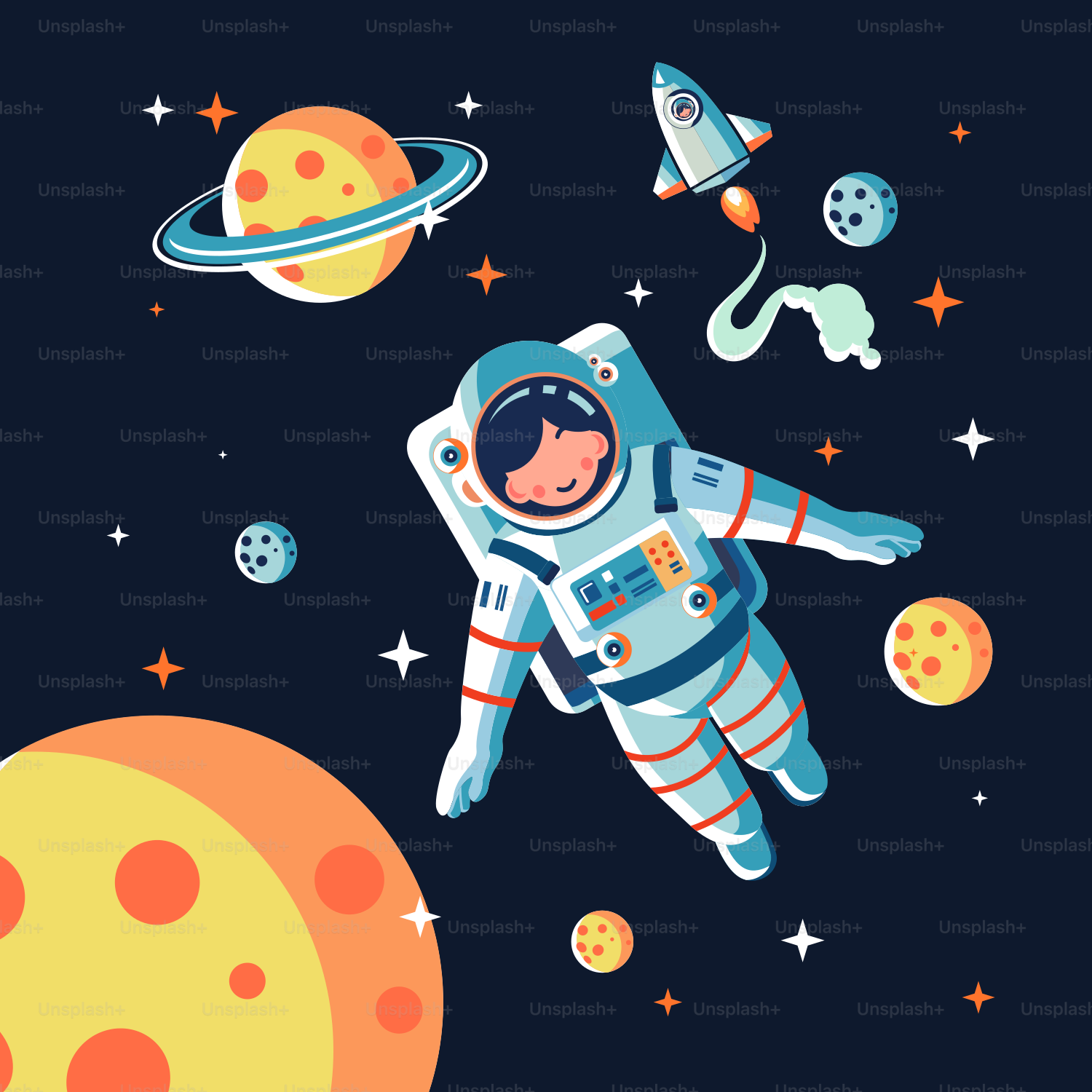 An illustration of an astronaut floating in space