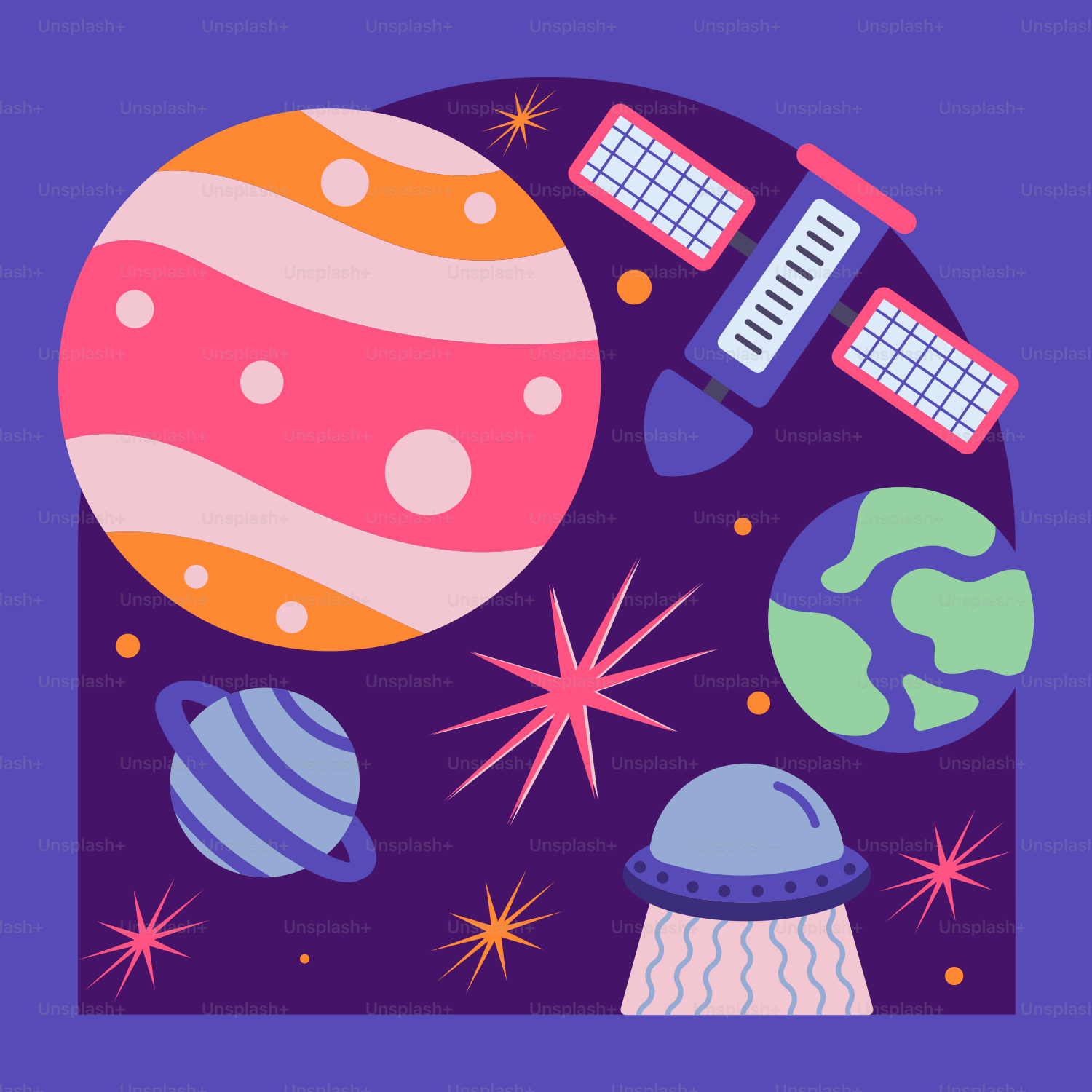 A purple background with a picture of a space shuttle, a rocket ship, and