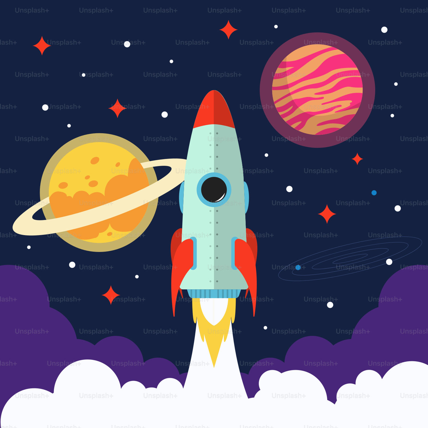 A rocket flies through the sky with planets around it