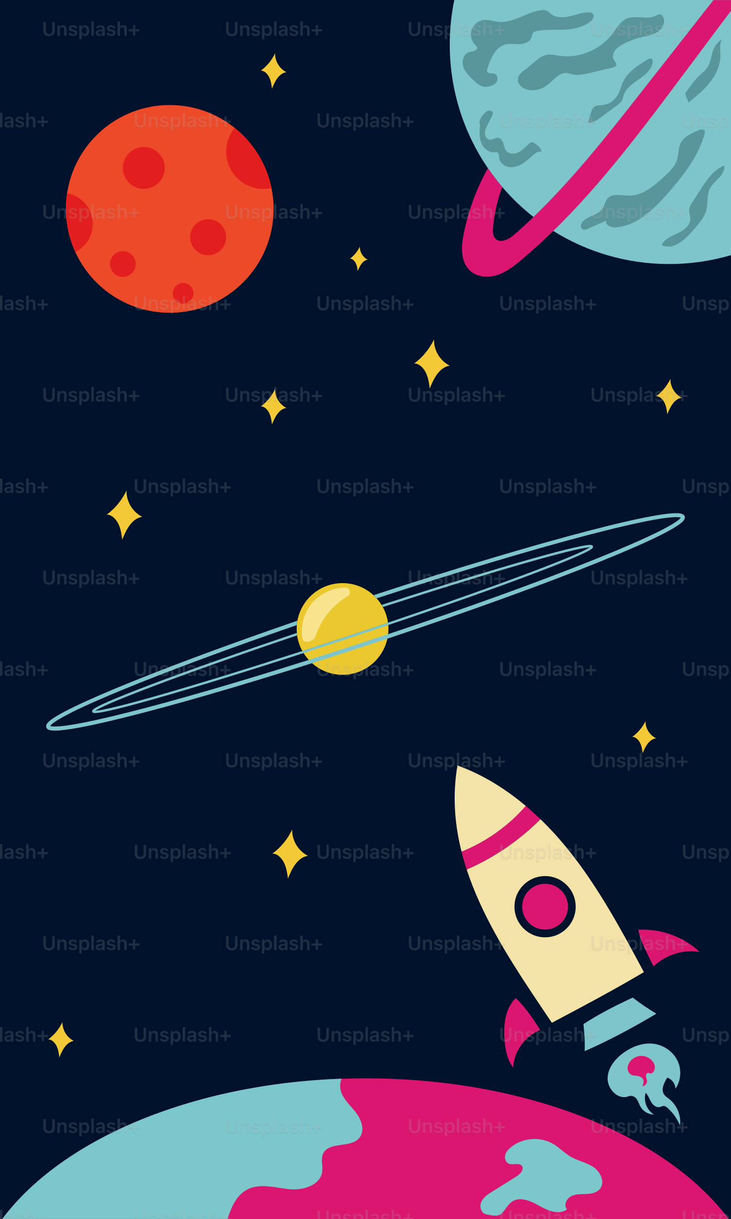 Una escena espacial con un cohete y planetas
