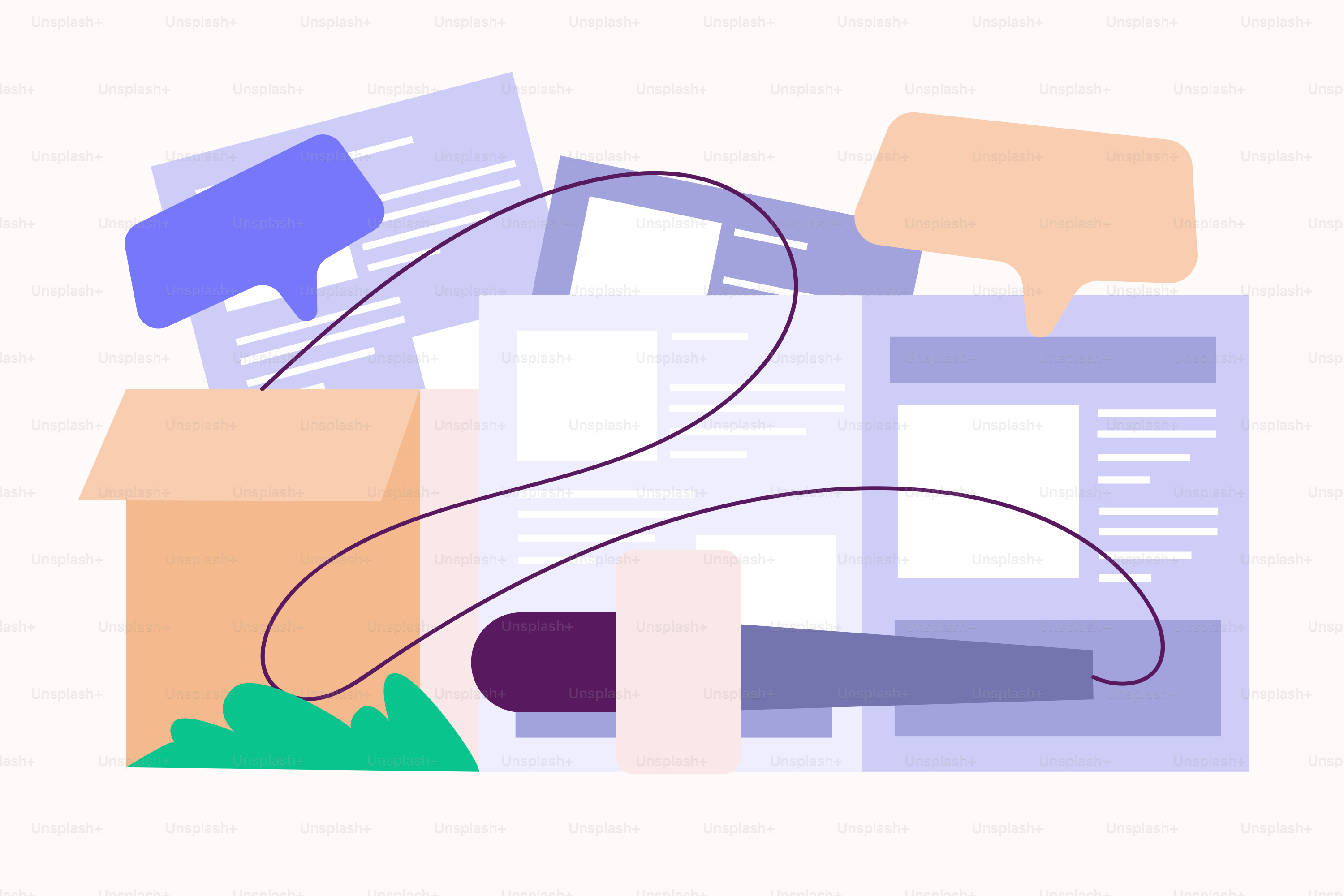 Un montón de papeles con burbujas de diálogo encima