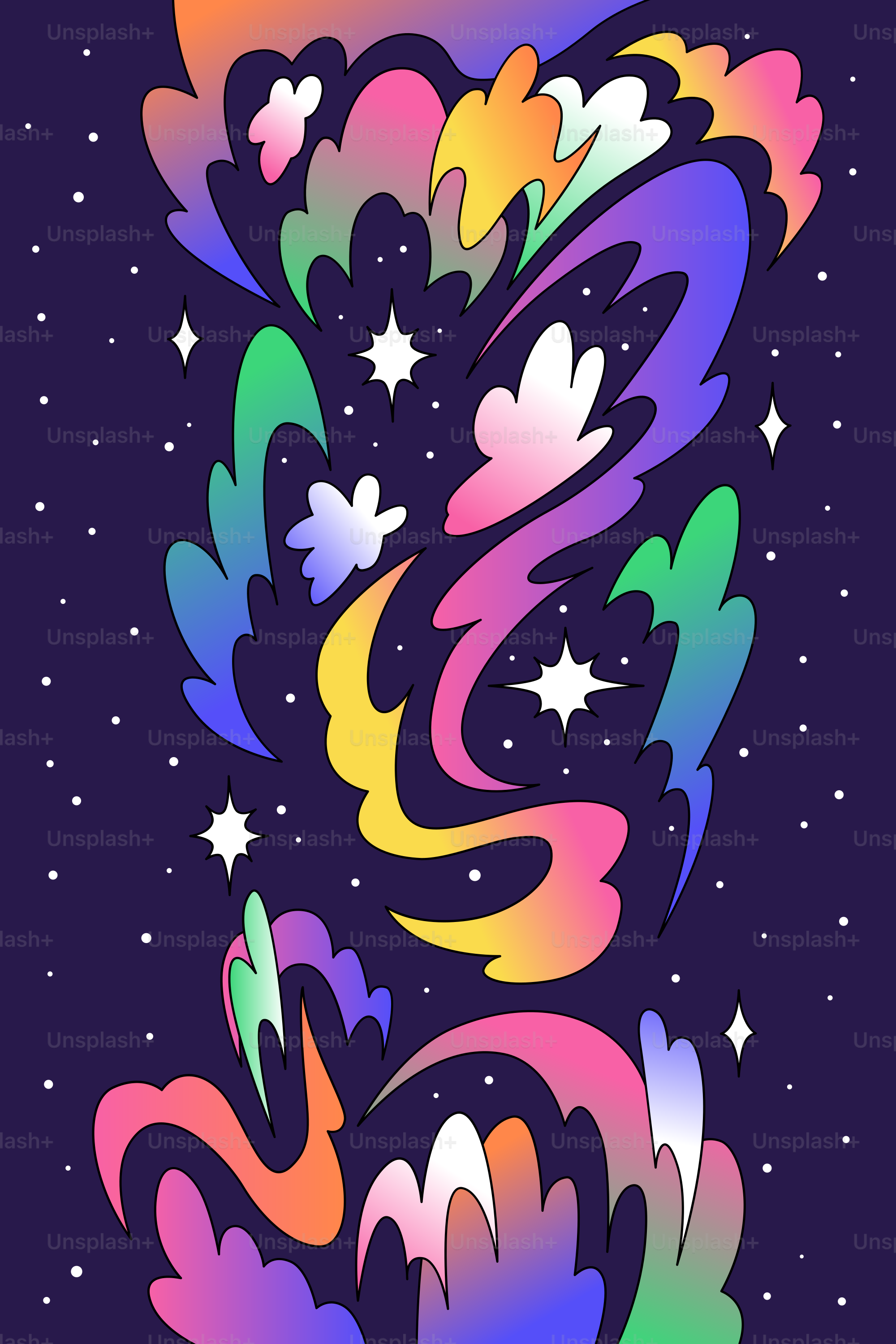 A colorful abstract background with stars and swirls