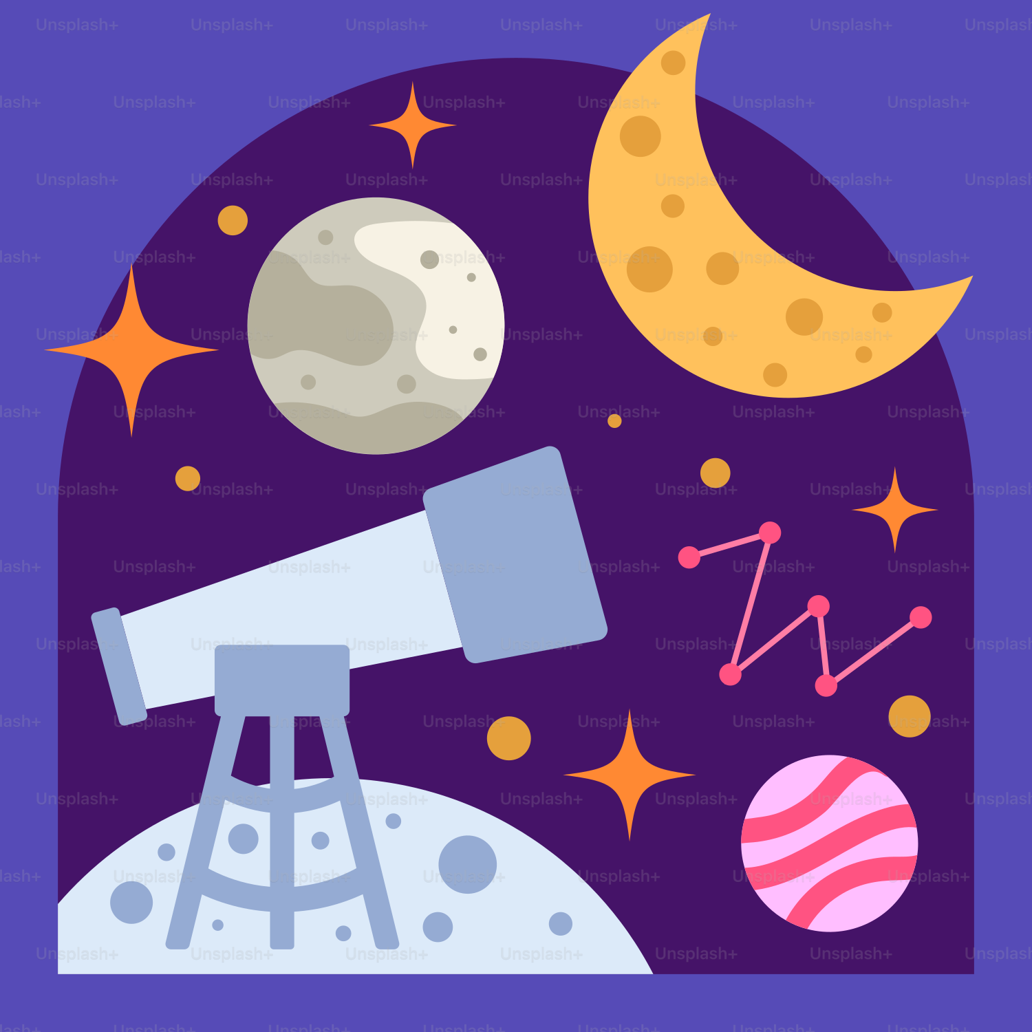 A purple background with a telescope and planets