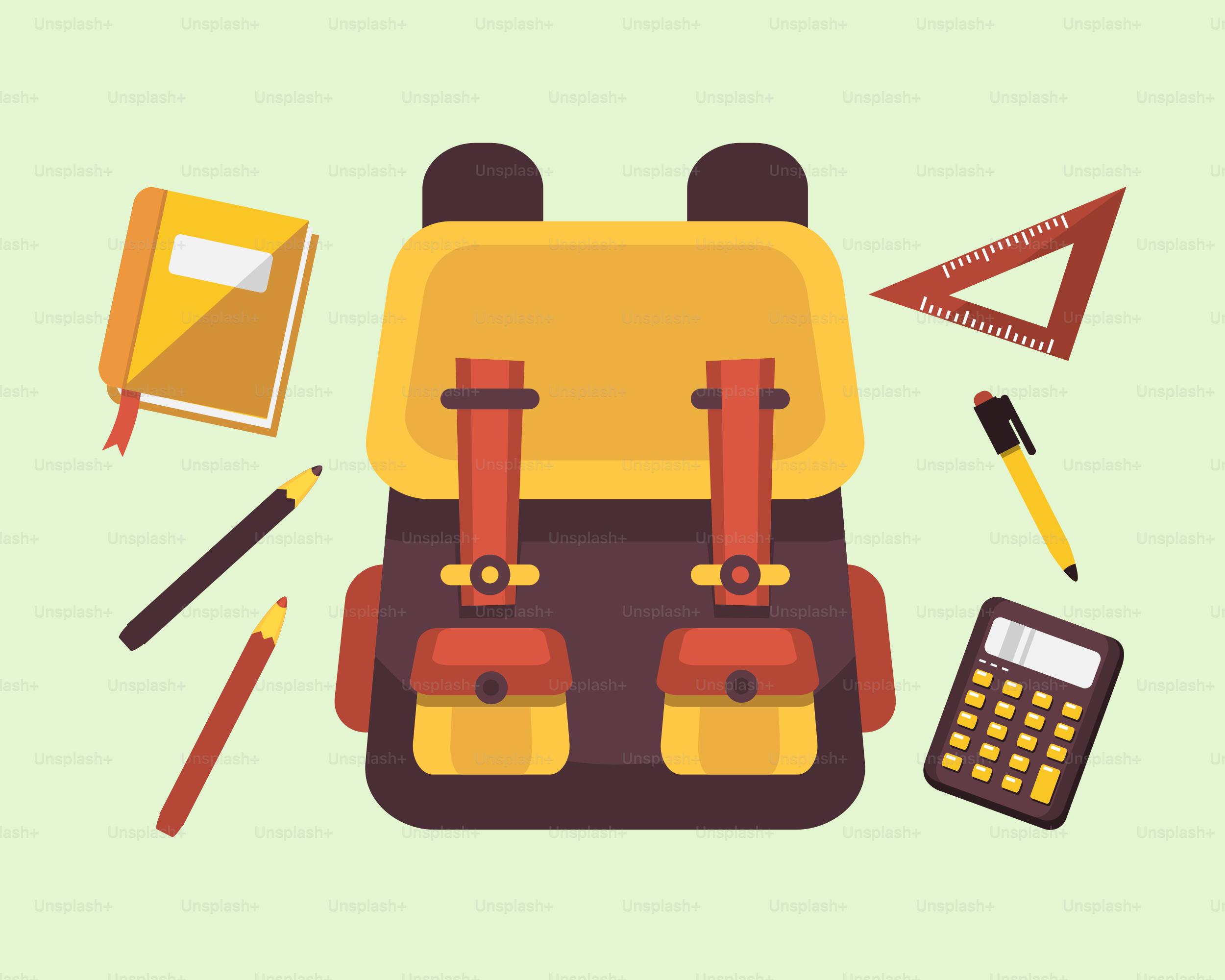 A back pack with a calculator, pencils, and a calcula