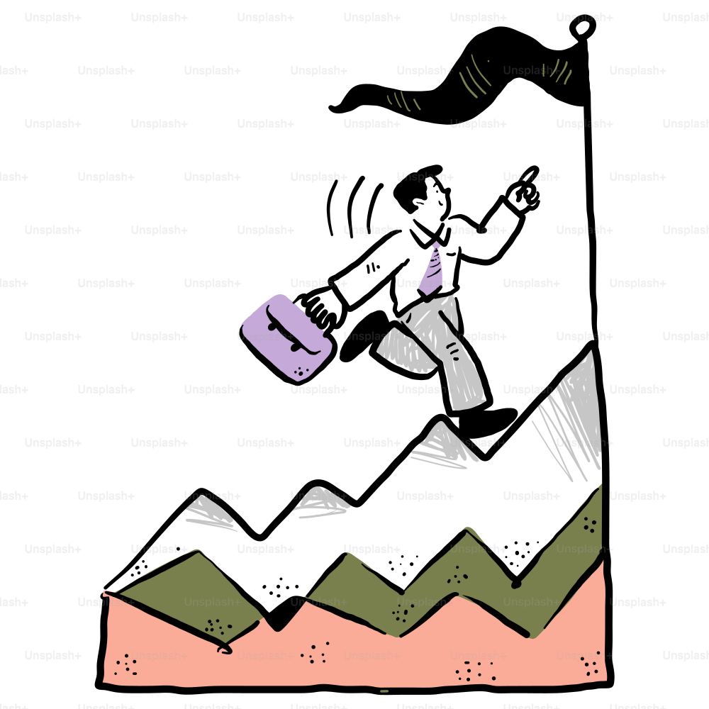 A cartoon of a man carrying a briefcase on top of a mountain