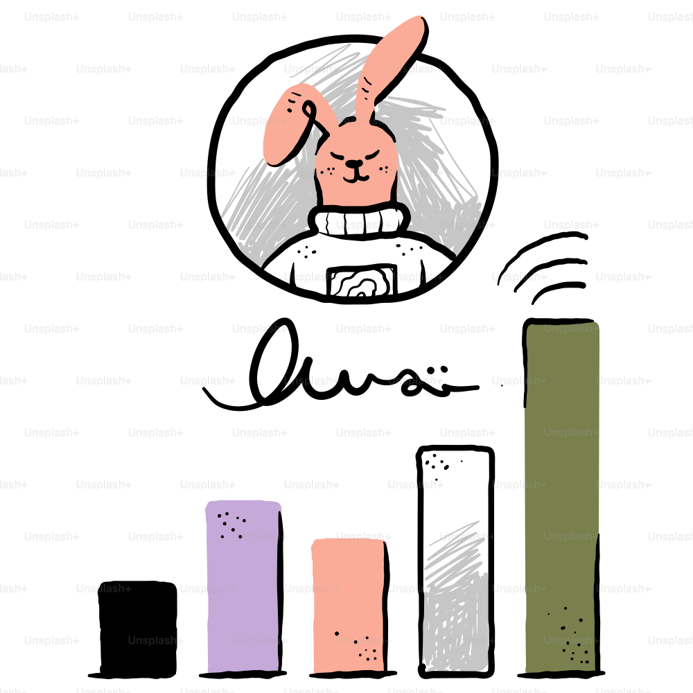 A drawing of a rabbit sitting on top of a bar chart