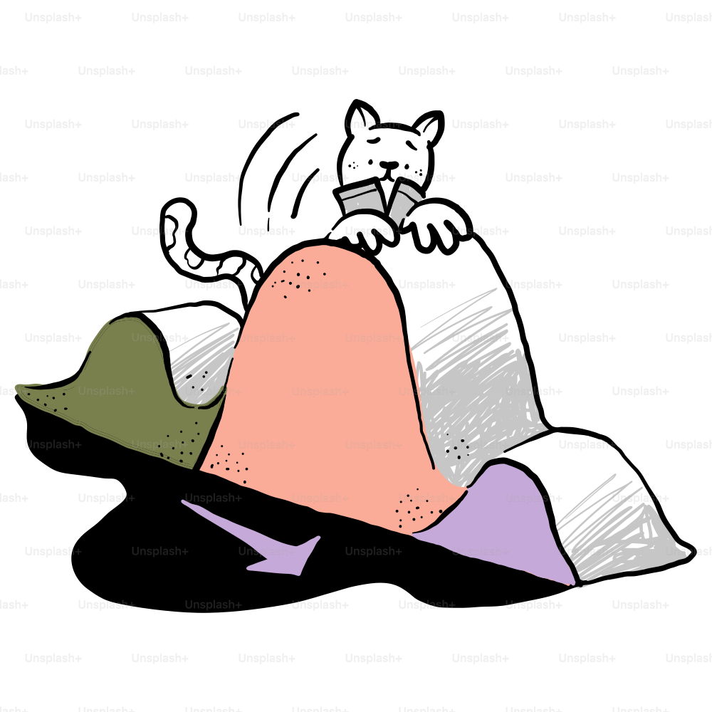 Un dibujo de un gato sentado encima de una pila de almohadas