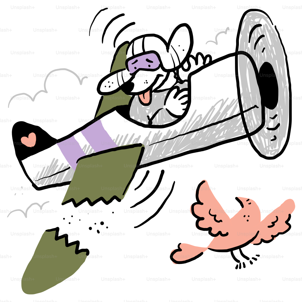 A drawing of a bird flying next to a cartoon airplane