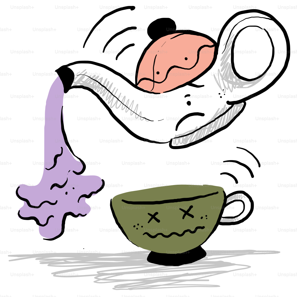 A drawing of a tea cup with a tea bag coming out of it