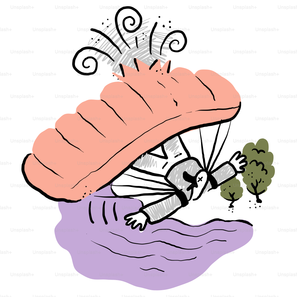 Un disegno di una persona che cade da un paracadute