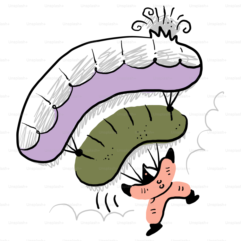 A drawing of a person falling off of a kite