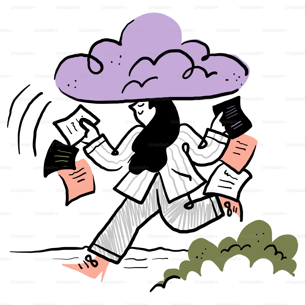 A woman running with a cloud over her head