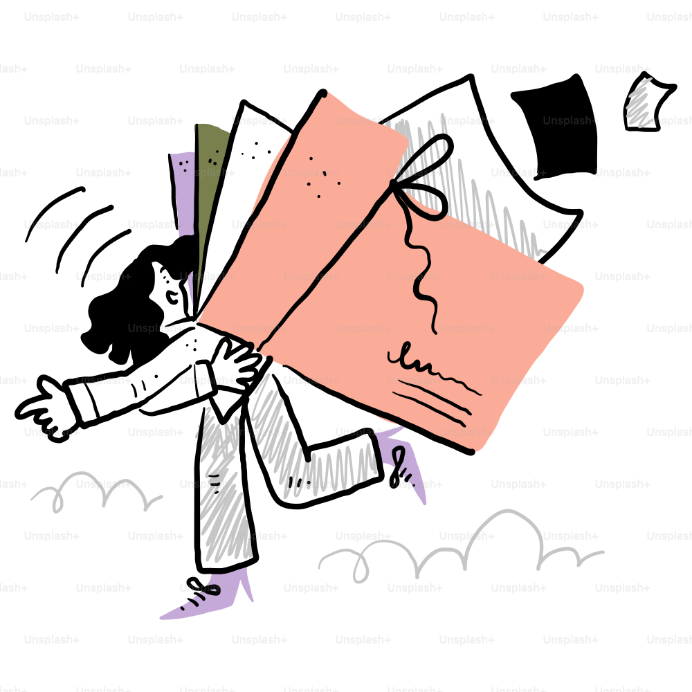 A drawing of a woman carrying a giant piece of paper