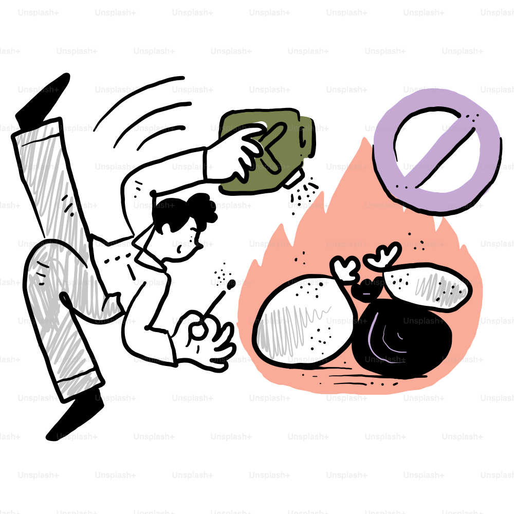 A cartoon drawing of a man throwing garbage into a fire