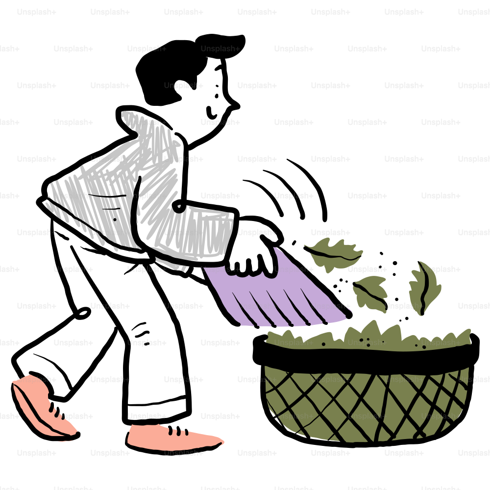 A man is using a broom to clean a potted plant