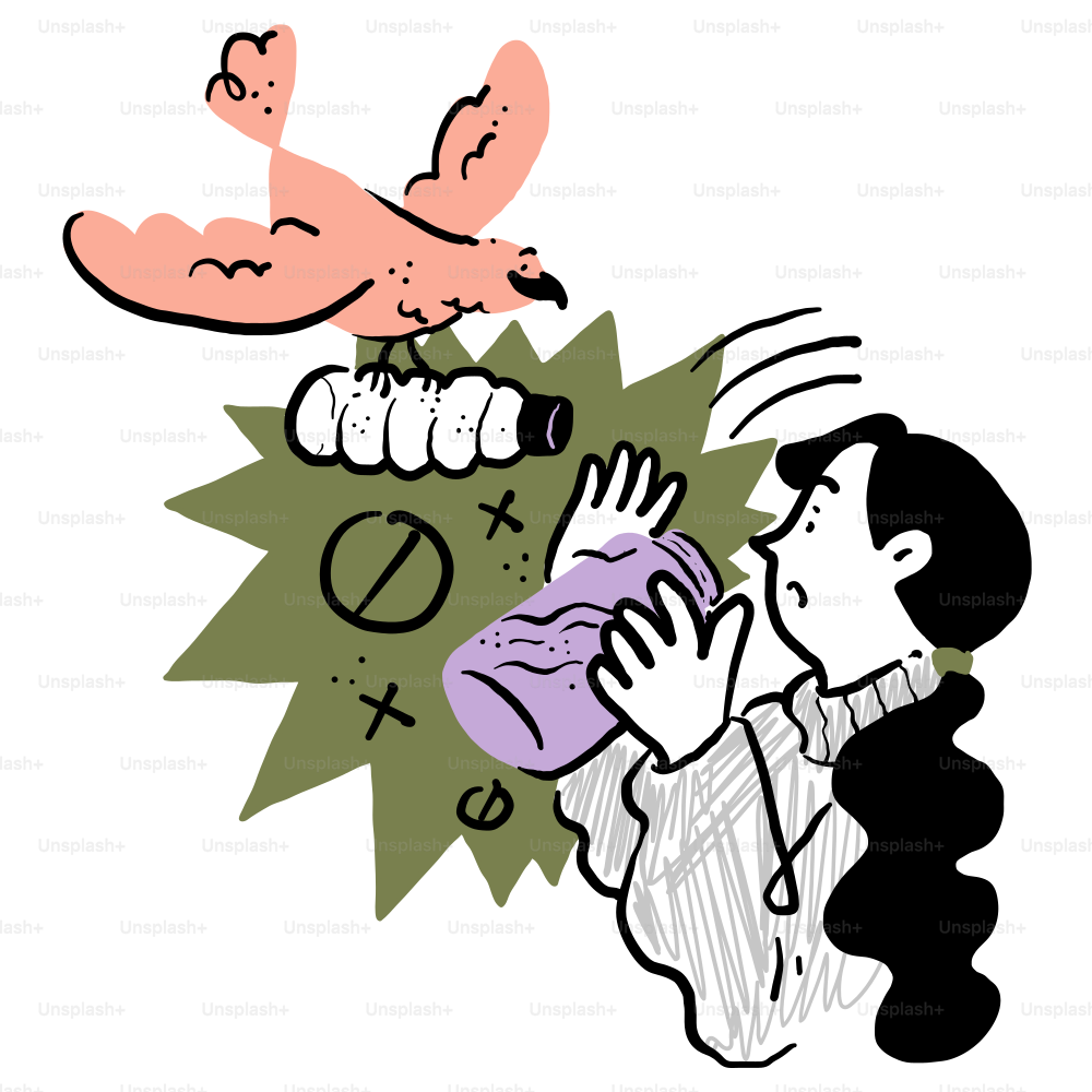 A drawing of a woman looking at a bird on top of her head