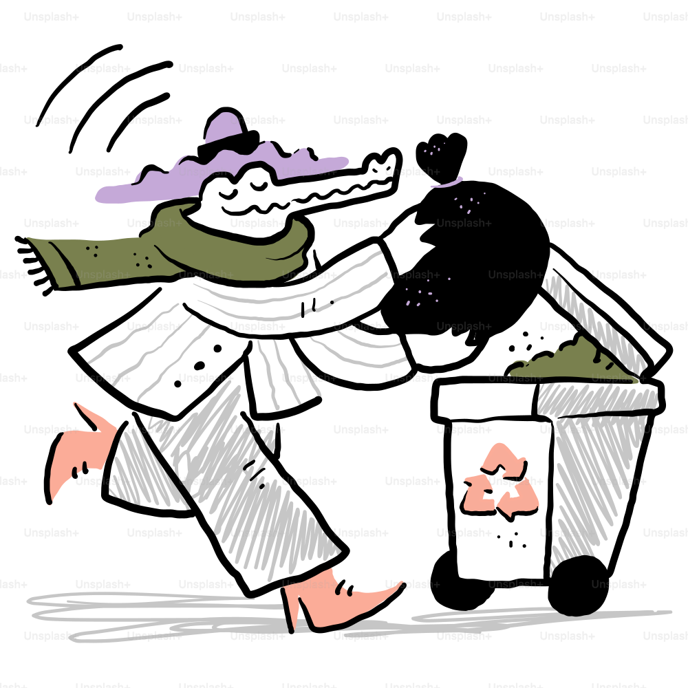 A cartoon of a person pushing a trash can