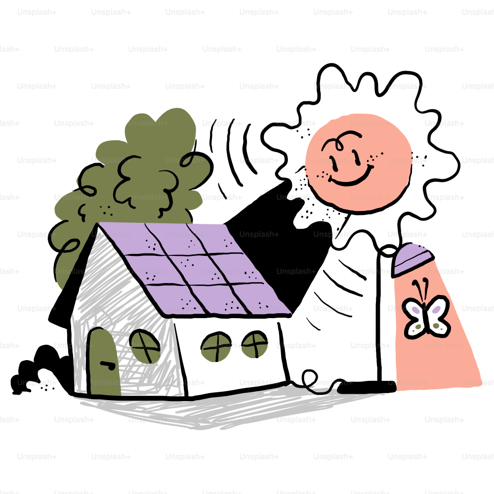 Un dibujo de una casa con un panel solar en el techo