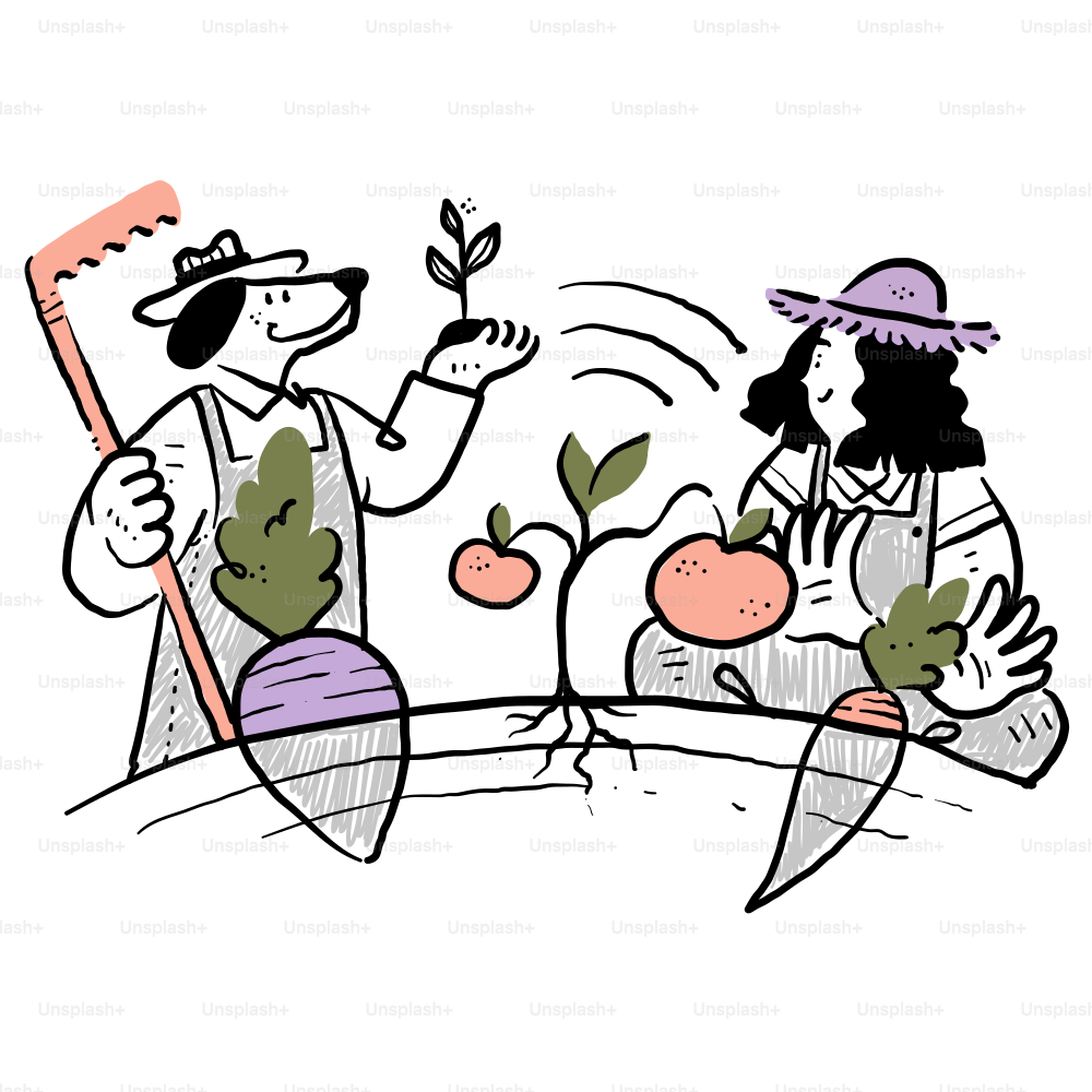 A drawing of a man and a woman holding carrots